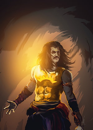 Karna from the Mahabharata in Golden Armor with Dramatic Backlighting HD phone wallpaper