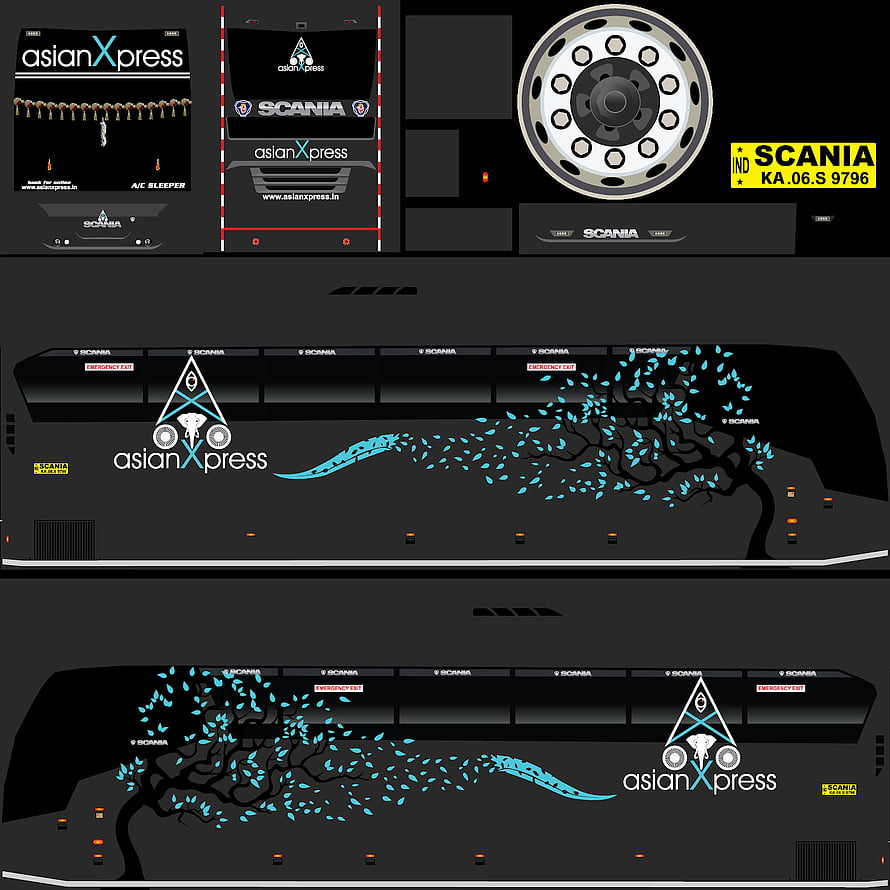 Asian Xpress Scania Bus Livery Design with Cyan Floral Tree Graphic HD phone wallpaper