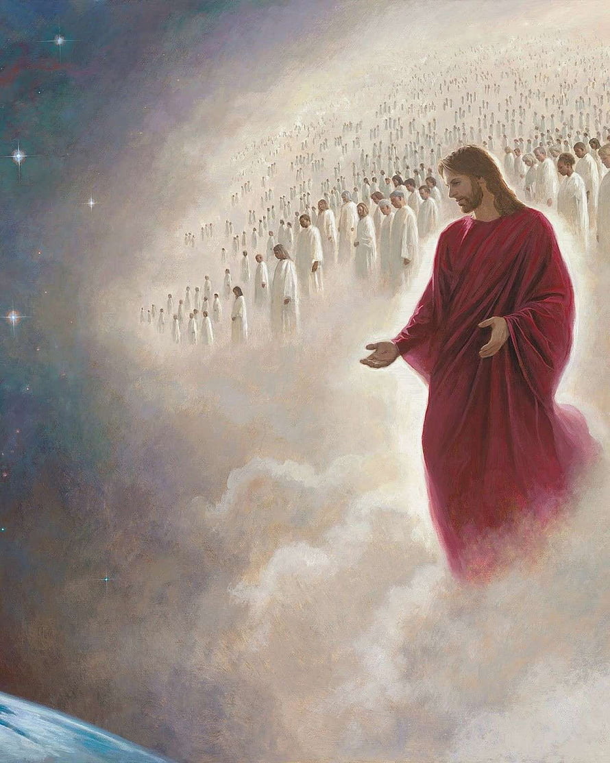 Jesus Christ Welcoming Souls in Heavenly Clouds with Starry Sky and Earth Below HD phone wallpaper