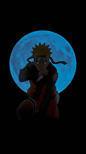 Naruto Uzumaki Silhouette Against a Glowing Blue Moon in Dark Night Scene HD phone wallpaper