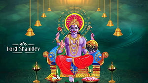 Lord Shani Dev Seated on Ornate Throne with Bells and Diyas HD wallpaper