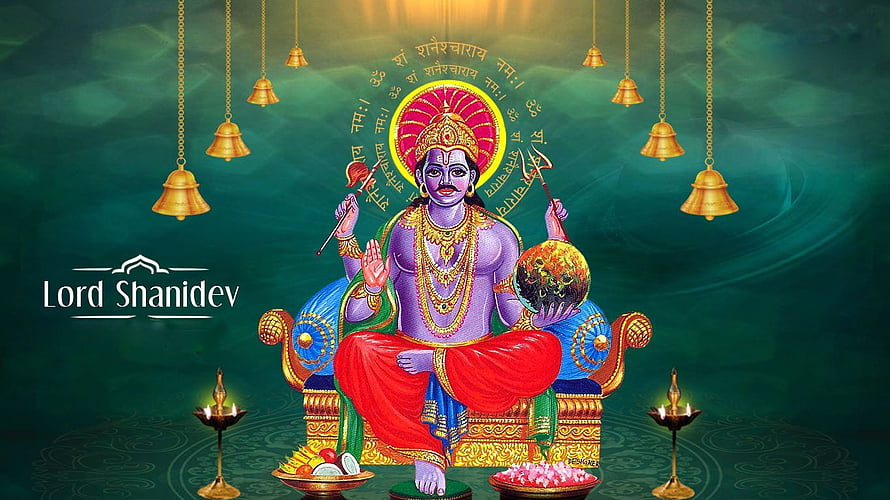 Lord Shani Dev Seated on Ornate Throne with Bells and Diyas HD wallpaper