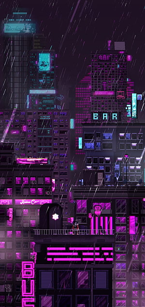 Neon Purple Pixel Art Cityscape with Rain and Glowing Signs HD phone wallpaper