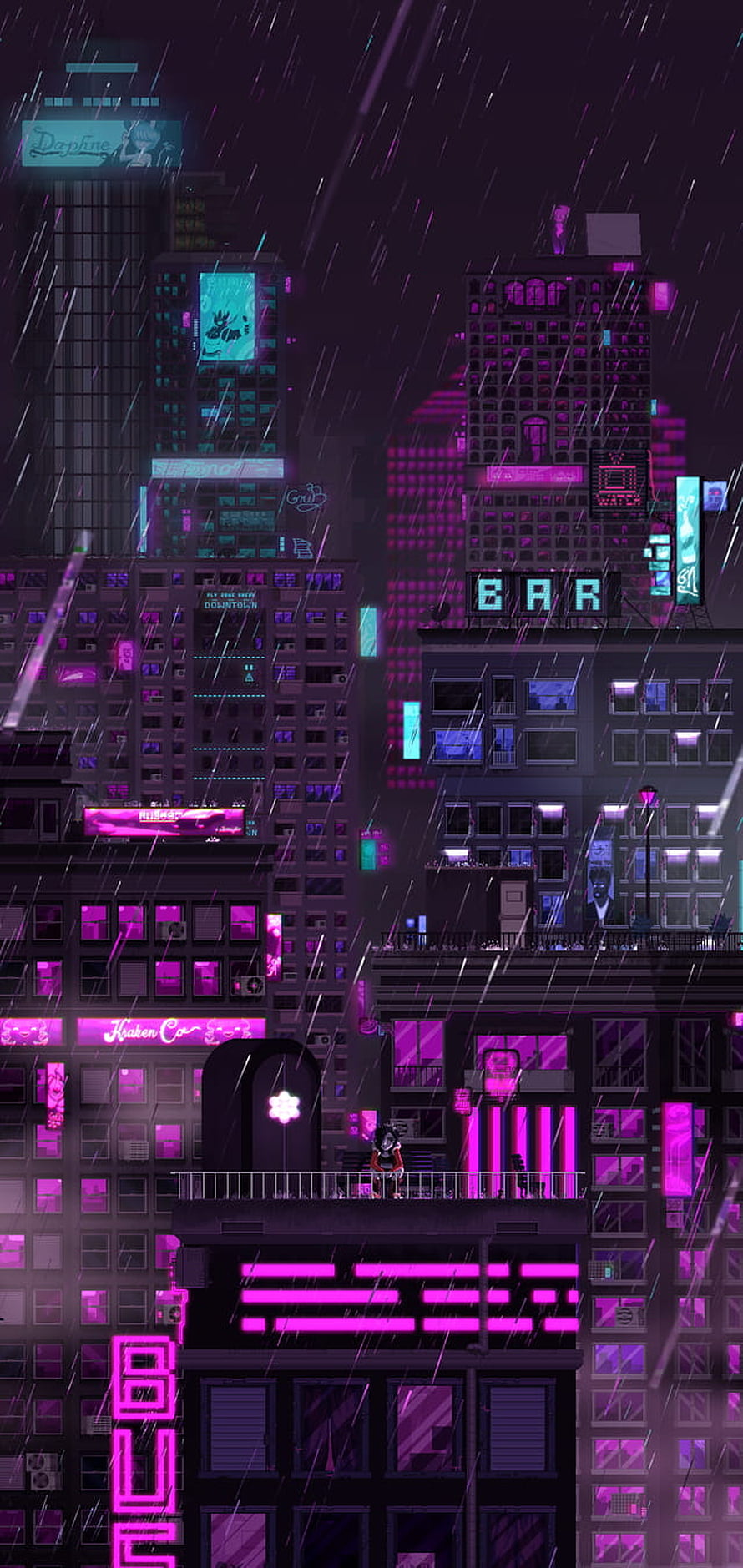 Neon Purple Pixel Art Cityscape with Rain and Glowing Signs HD phone wallpaper