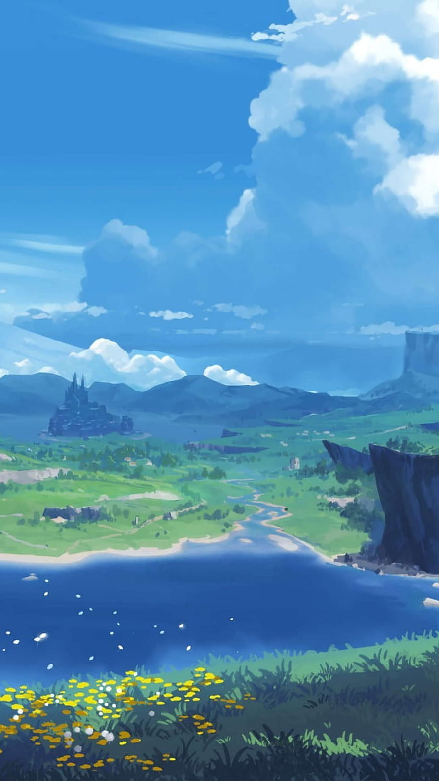 Genshin Impact Serene Landscape with River, Rolling Hills, and Distant Castle Under a Bright Blue Sky HD phone wallpaper