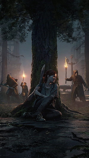 The Last of Us Part II Ellie Crouching in Dark Forest with Torches HD phone wallpaper