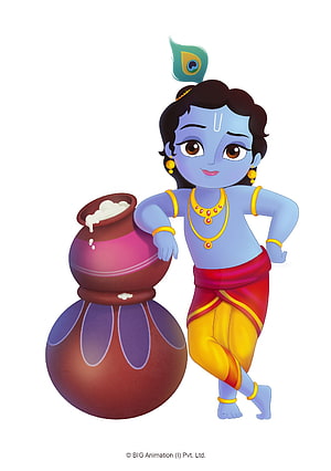 Cute Cartoon Baby Krishna Leaning on a Milk Pot with Peacock Feather Crown HD phone wallpaper