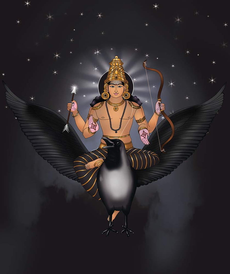 Shani Dev Riding a Black Crow with Bow and Arrow in a Starry Night Sky HD phone wallpaper