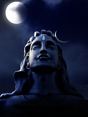 Lord Shiva Statue Under a Full Moon with Crescent Adornment and Serene Expression HD phone wallpaper