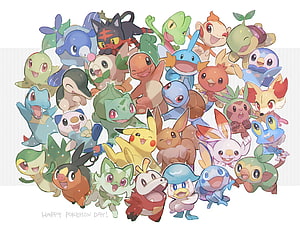 Cheerful Group of Pokémon Starters and Pikachu in a Festive Illustration HD wallpaper