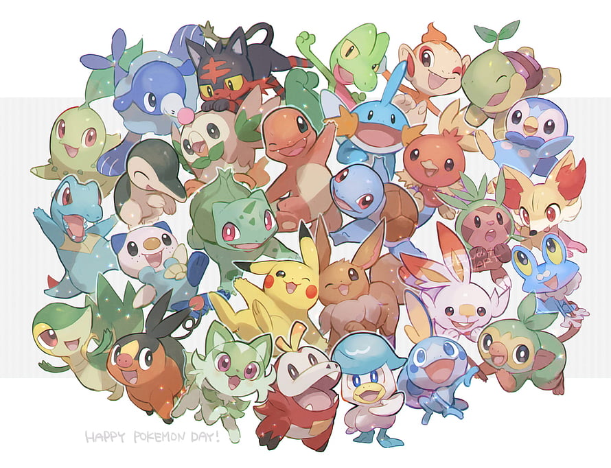 Cheerful Group of Pokémon Starters and Pikachu in a Festive Illustration HD wallpaper