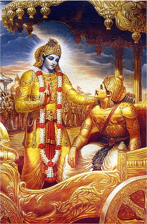 Krishna and Arjuna in the Chariot: Bhagavad Gita Scene from the Mahabharata HD phone wallpaper