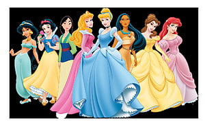 Disney Princess Group Portrait in Classic Ball Gowns on Black Background HD wallpaper