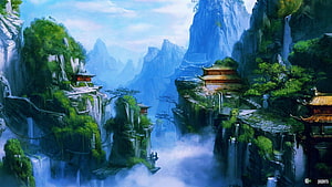 Misty Mountain Valley with Traditional Asian Temples and Waterfalls HD wallpaper