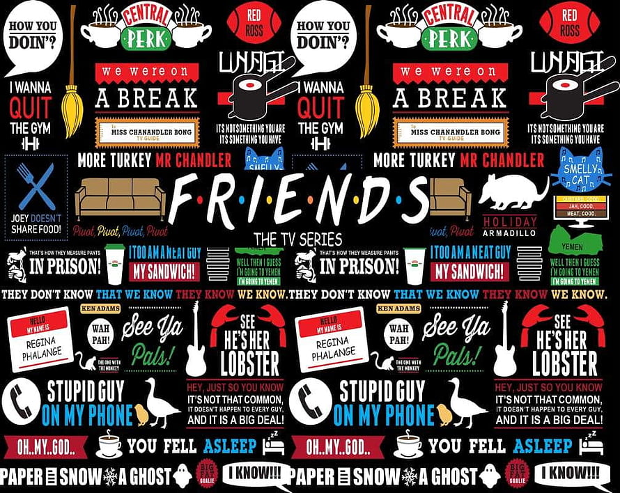 Friends TV Series Iconic Quotes and Catchphrases Collection on Black Background HD wallpaper
