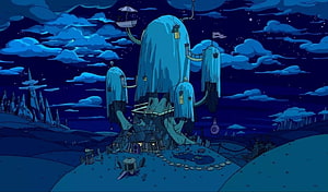 Adventure Time Tree House at Night with Floating Structures and Starry Sky HD wallpaper