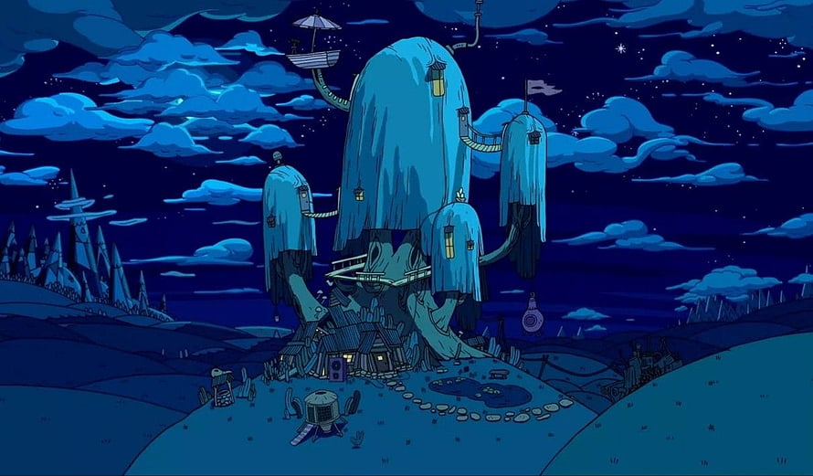 Adventure Time Tree House at Night with Floating Structures and Starry Sky HD wallpaper