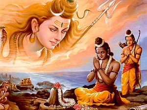 Lord Shiva and Lord Rama in Devotion: Mythological Painting with Trishul and Serpent HD wallpaper