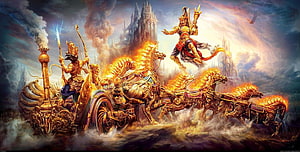 Karna's Divine Chariot in Epic Mahabharata Battle Scene Fantasy Art HD wallpaper