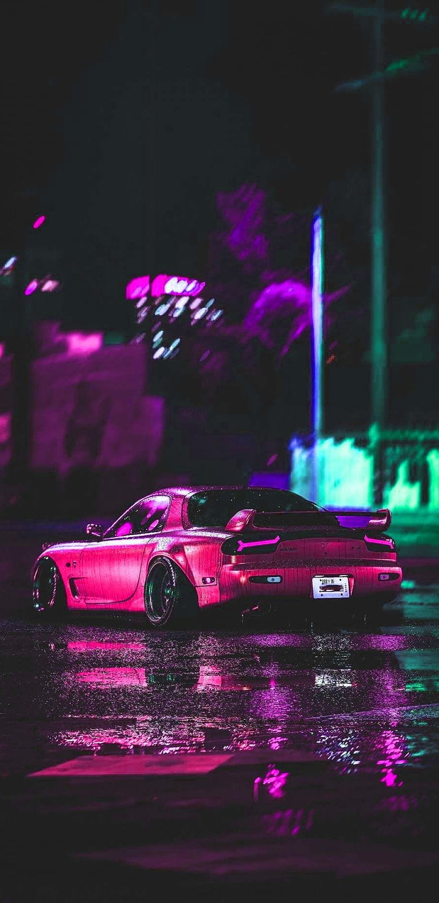 Mazda RX-7 JDM Coupe in Neon Pink and Purple Night Rain HD phone wallpaper