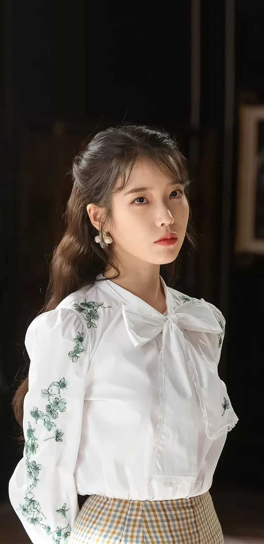 IU in White Embroidered Blouse with Plaid Skirt from Hotel Del Luna HD phone wallpaper