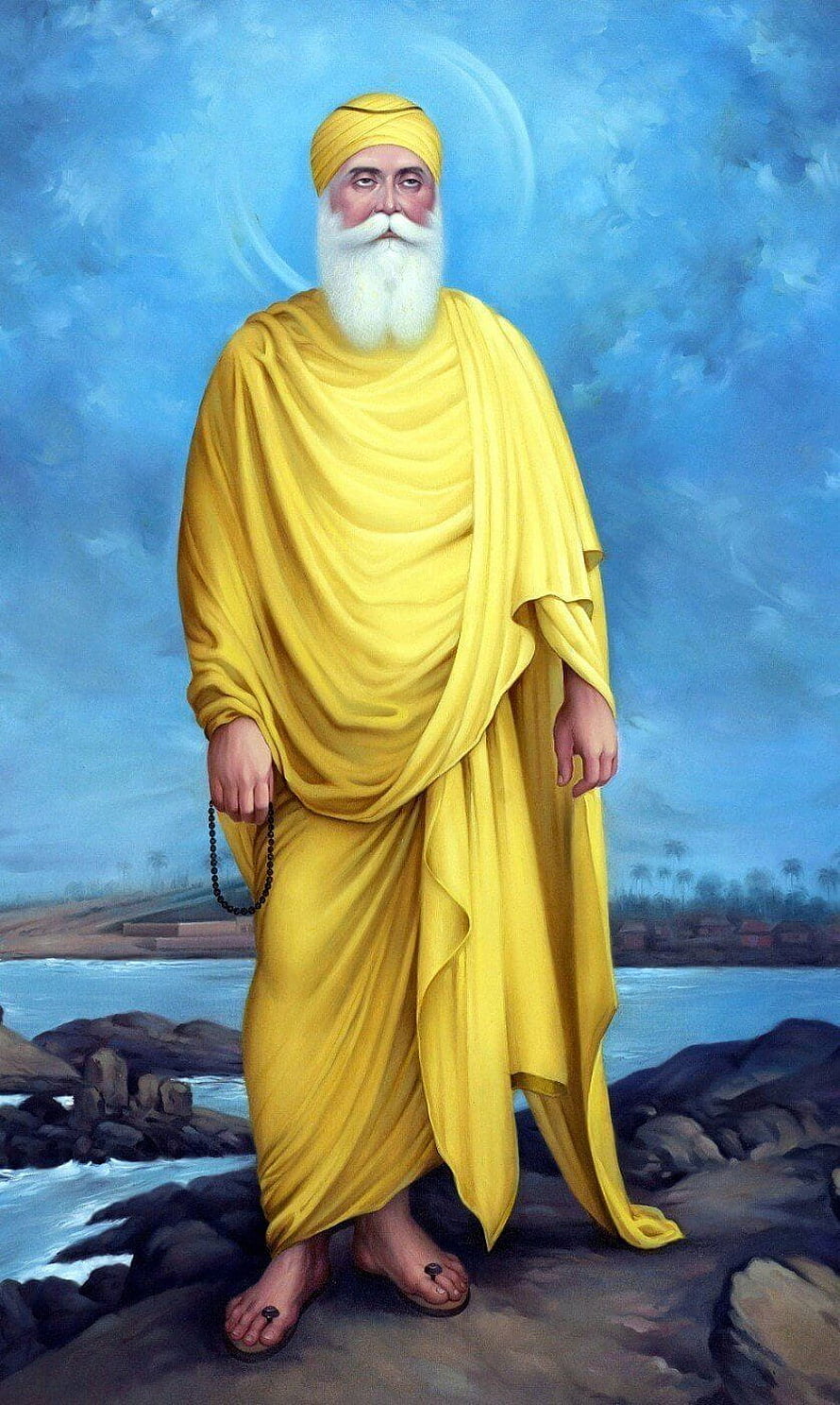 Guru Nanak Dev Ji Portrait in Yellow Robes with Halo and Prayer Beads HD phone wallpaper