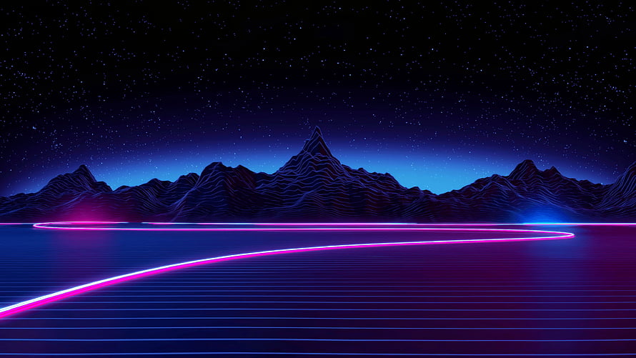 Retro Synthwave Mountain Landscape with Neon Grid and Starry Night Sky HD wallpaper