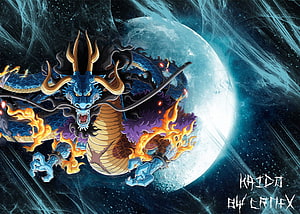 Kaido Dragon Form Roaring in Cosmic Space with Full Moon and Fiery Aura HD wallpaper