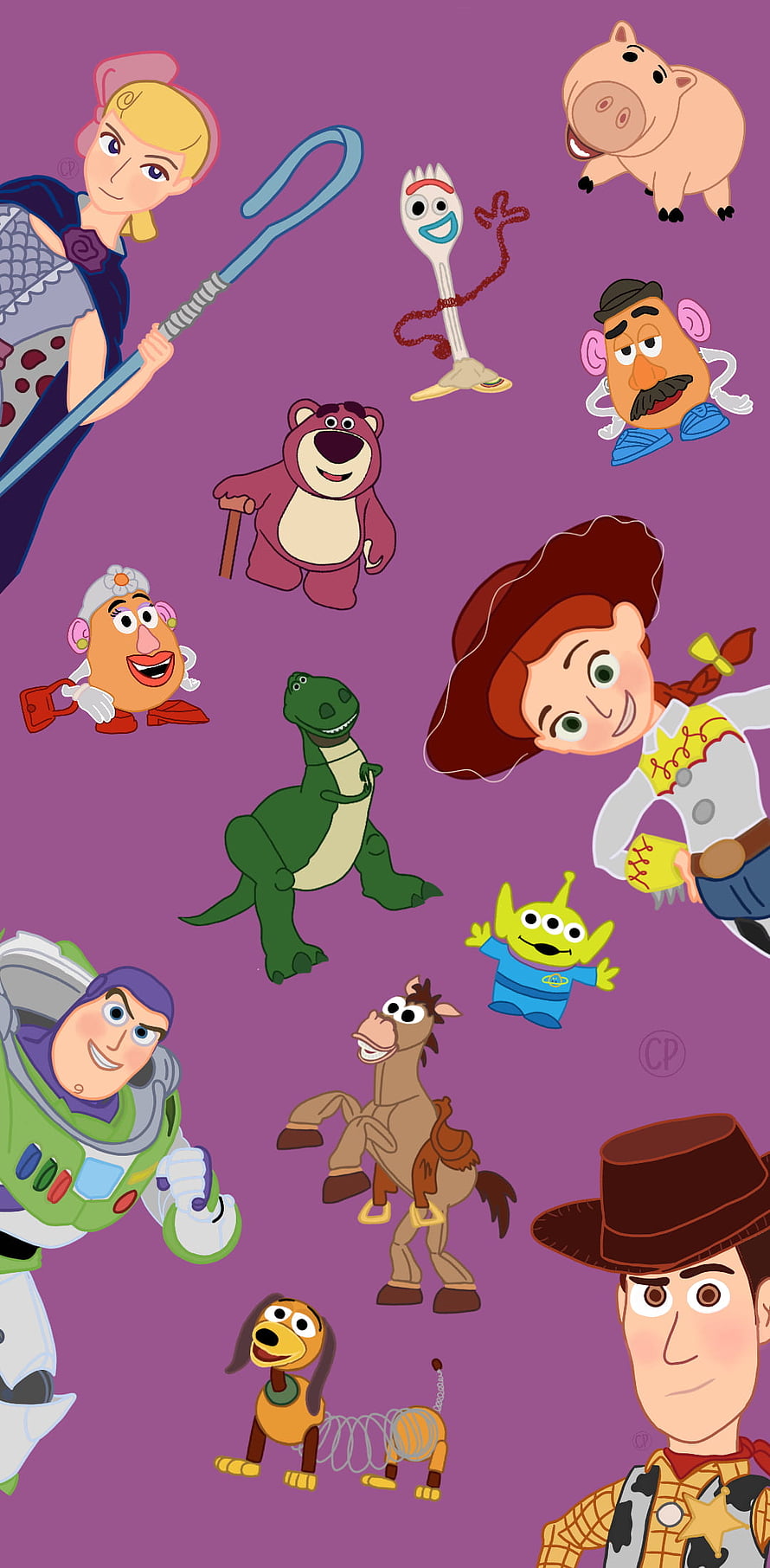 Toy Story Character Collection Illustration on Purple Background HD phone wallpaper