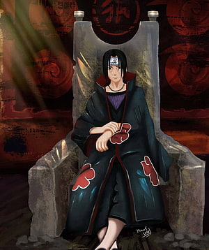 Uchiha Itachi Seated on a Stone Throne in Akatsuki Robe HD phone wallpaper