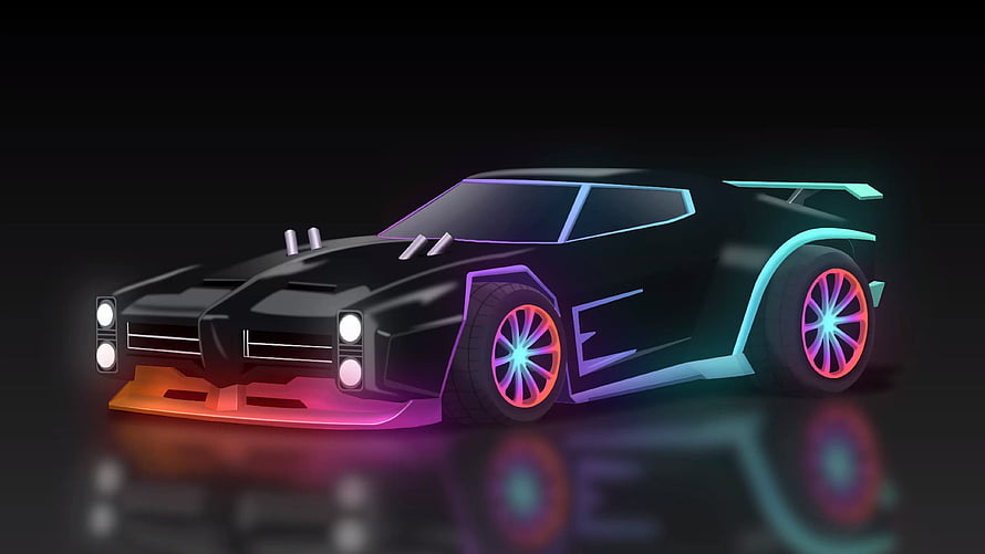Neon-lit futuristic sports car with glowing cyan and magenta accents on a dark reflective surface HD wallpaper