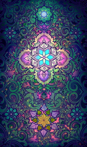Psytrance Mandala Artwork with Neon Floral Patterns and Geometric Star Motifs HD phone wallpaper