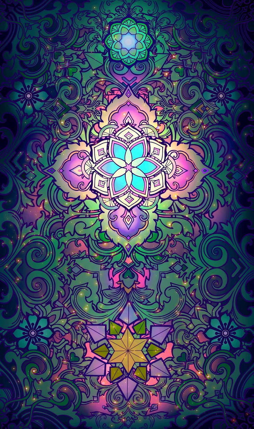Psytrance Mandala Artwork with Neon Floral Patterns and Geometric Star Motifs HD phone wallpaper
