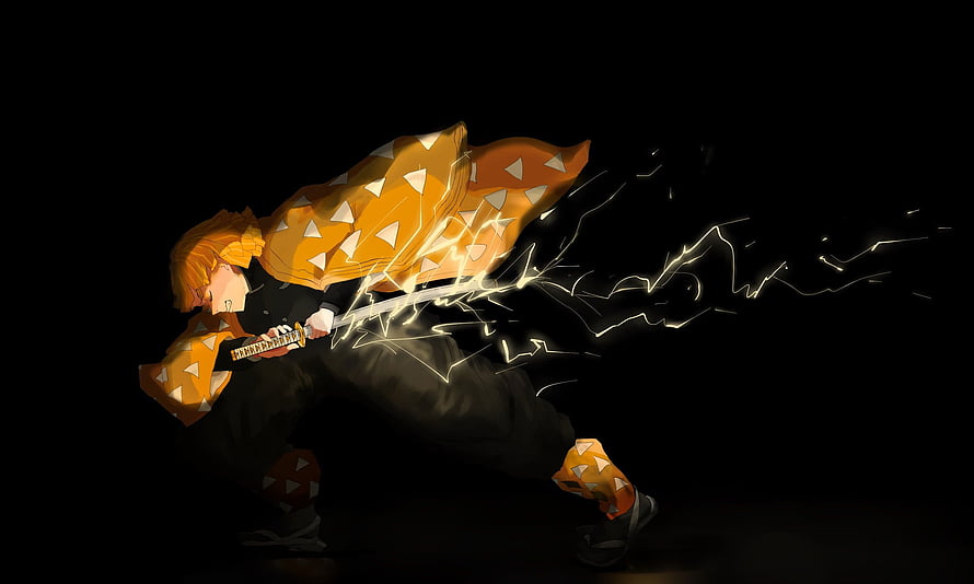 Zenitsu Agatsuma from Demon Slayer in Dynamic Thunder Breathing Attack Pose HD wallpaper