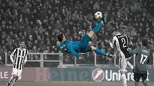 Cristiano Ronaldo Bicycle Kick Action Shot in Turquoise Kit HD wallpaper