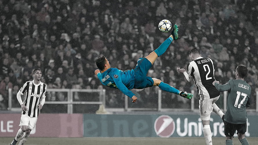 Cristiano Ronaldo Bicycle Kick Action Shot in Turquoise Kit HD wallpaper