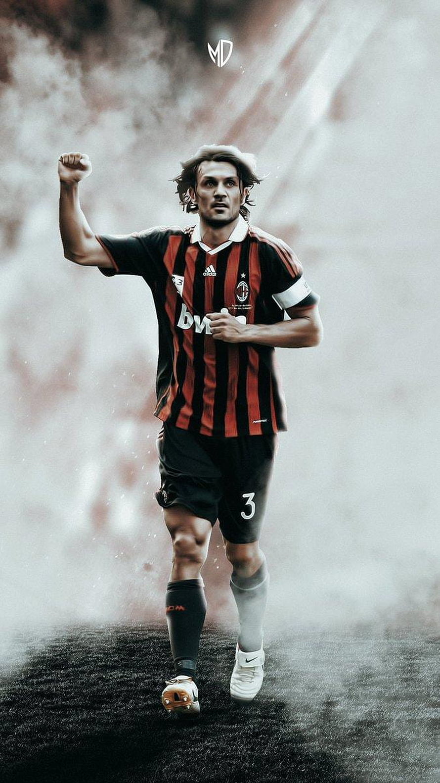 Paolo Maldini in AC Milan Striped Kit Running Through Stadium Smoke HD phone wallpaper