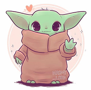 Cute Chibi Baby Yoda in Brown Robe with Heart and Sparkles HD wallpaper