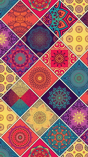 Vibrant Geometric Mandala Pattern with Intricate Floral Motifs in Diamond Grid Layout HD phone wallpaper
