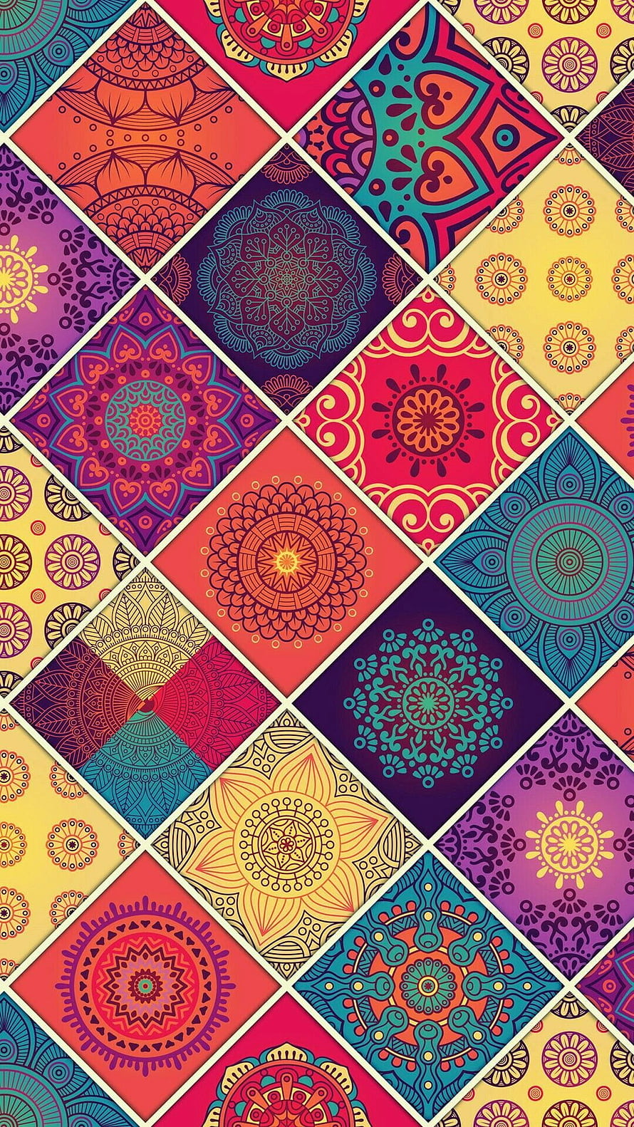 Vibrant Geometric Mandala Pattern with Intricate Floral Motifs in Diamond Grid Layout HD phone wallpaper