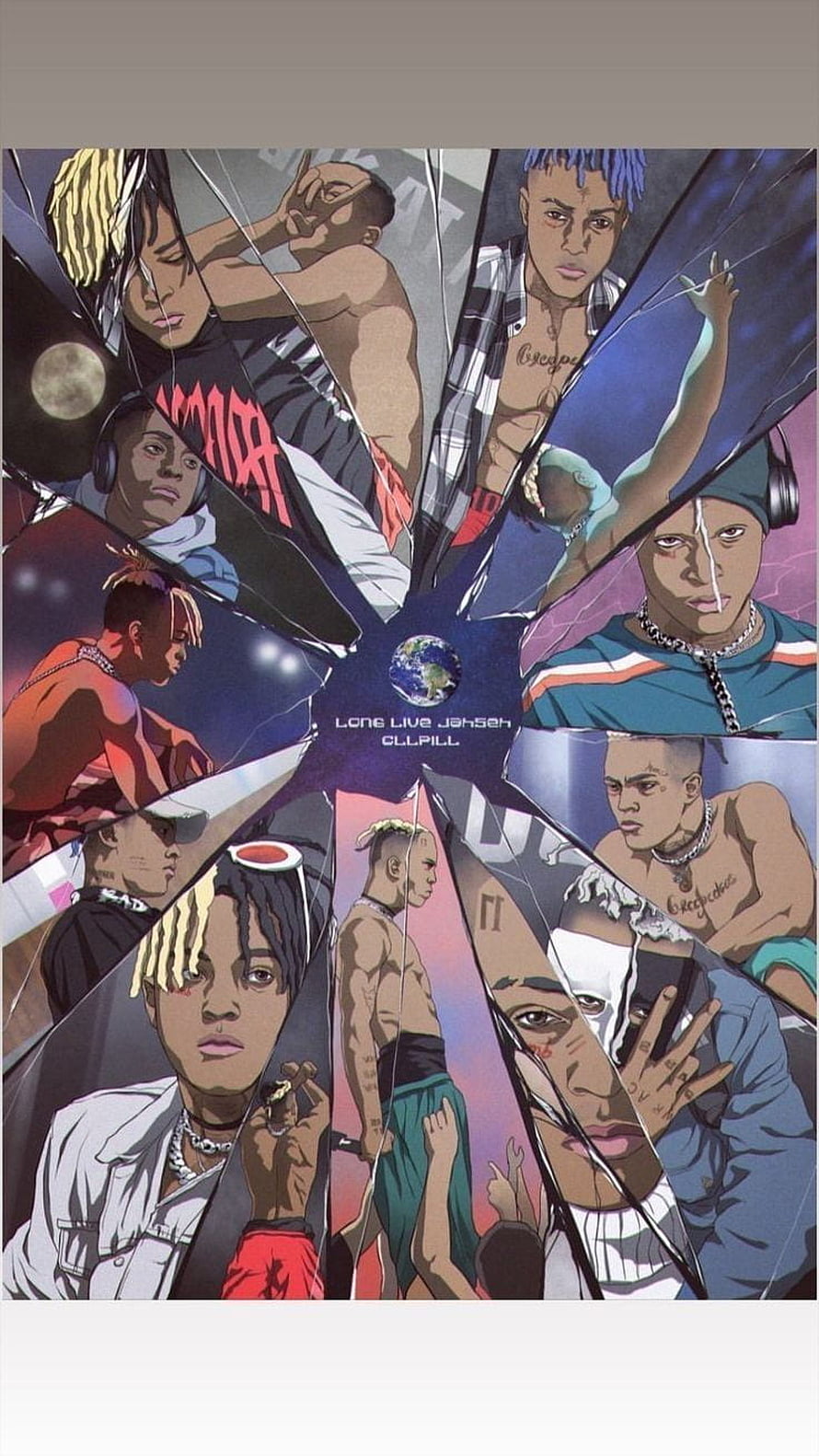 XXXTentacion Anime Style Collage with Shattered Glass Effect and Multiple Portraits HD phone wallpaper