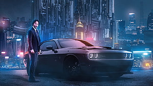 John Wick Chapter 4 cinematic poster featuring Keanu Reeves and a Dodge Challenger in a neon-lit futuristic cityscape HD wallpaper