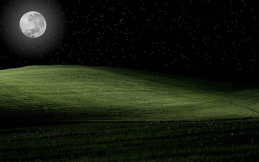 Serene Night Sky Over Rolling Green Hills With Full Moon And Starry Background HD wallpaper