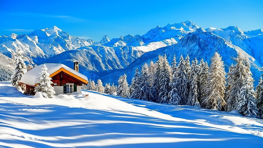 Alpine Chalet in Snowy Swiss Mountains with Evergreen Forest and Clear Blue Sky HD wallpaper