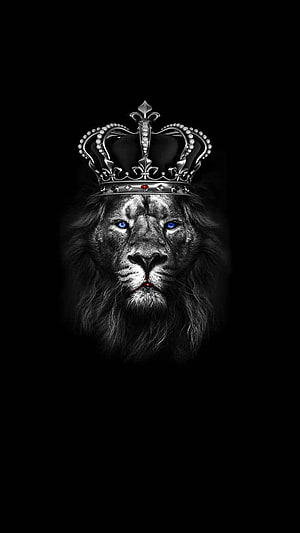 Majestic Lion Head Wearing Royal Crown with Glowing Blue Eyes on Black Background HD phone wallpaper