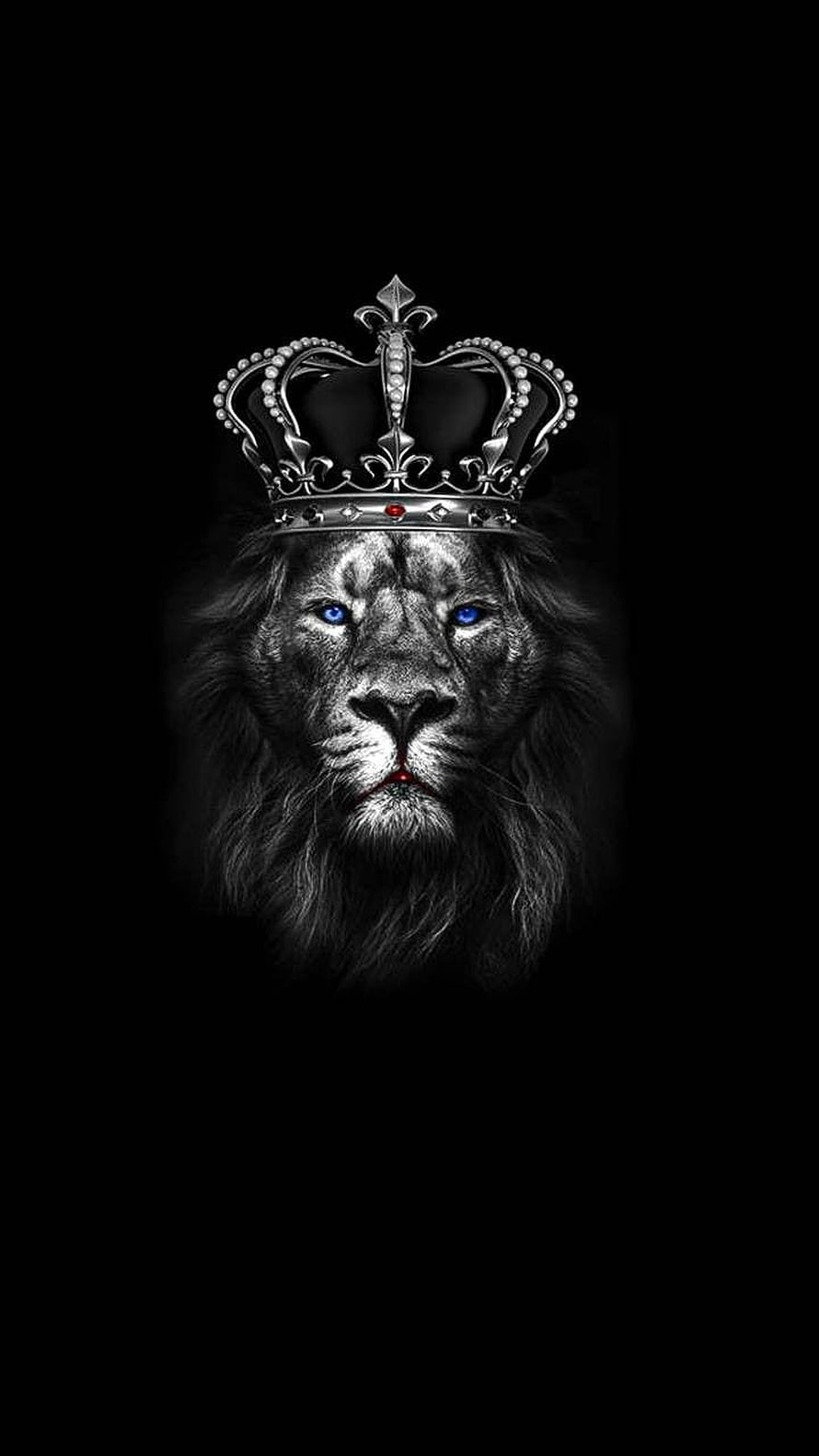 Majestic Lion Head Wearing Royal Crown with Glowing Blue Eyes on Black Background HD phone wallpaper