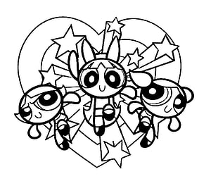 Powerpuff Girls Black and White Line Art Coloring Page with Stars and Heart HD wallpaper