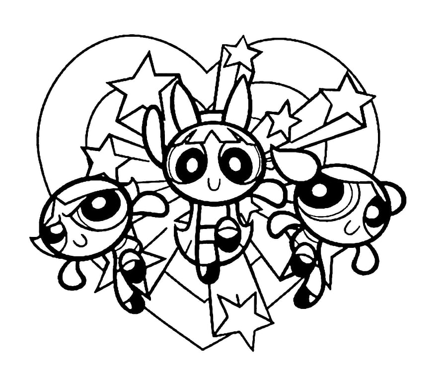 Powerpuff Girls Black and White Line Art Coloring Page with Stars and Heart HD wallpaper