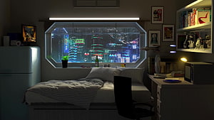Cozy Cyberpunk Bedroom Interior with Neon City View and Rainy Night Atmosphere HD wallpaper