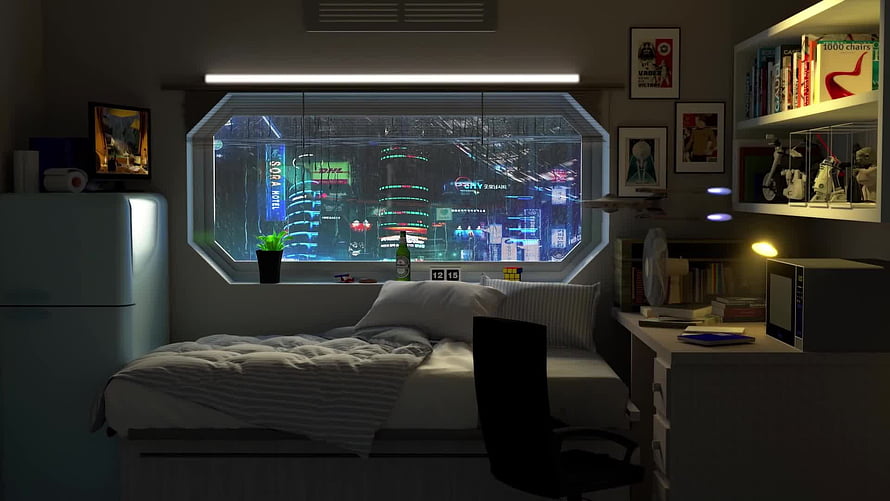 Cozy Cyberpunk Bedroom Interior with Neon City View and Rainy Night Atmosphere HD wallpaper